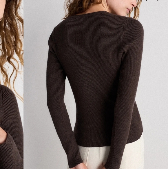 Quince Cotton Cashmere Fitted Ribbed Cardigan In Mocha Heather - Picture 12 of 16